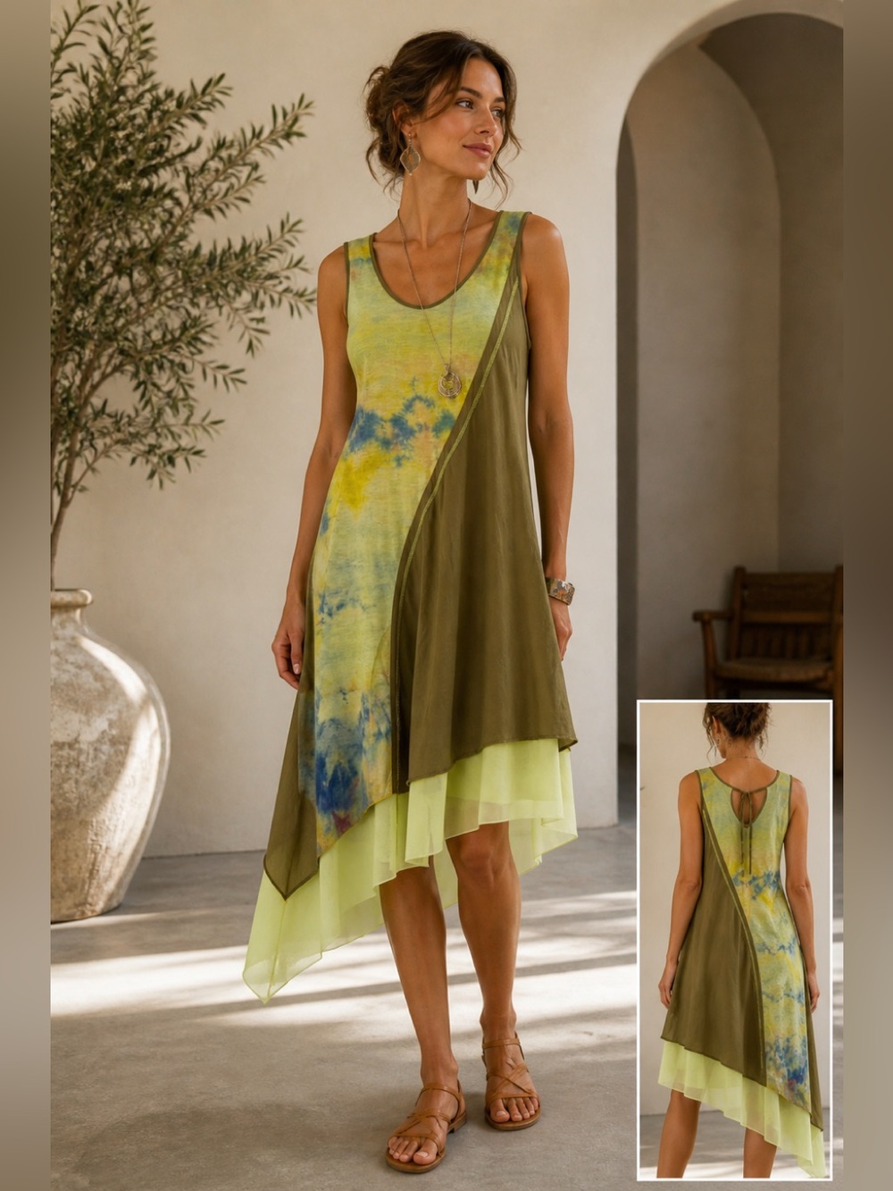 Dolcezza Asymmetrical Midi Dress Green Tie Dye Artsy Resort M
